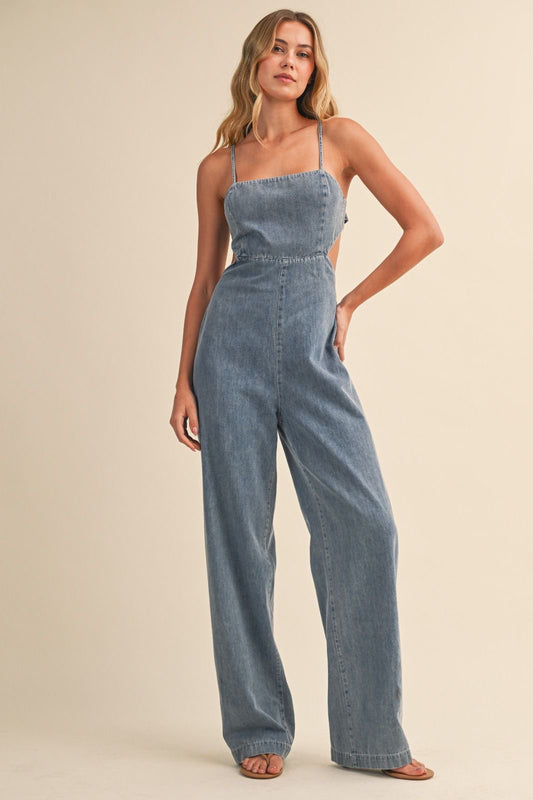 Denim tie back jumpsuit